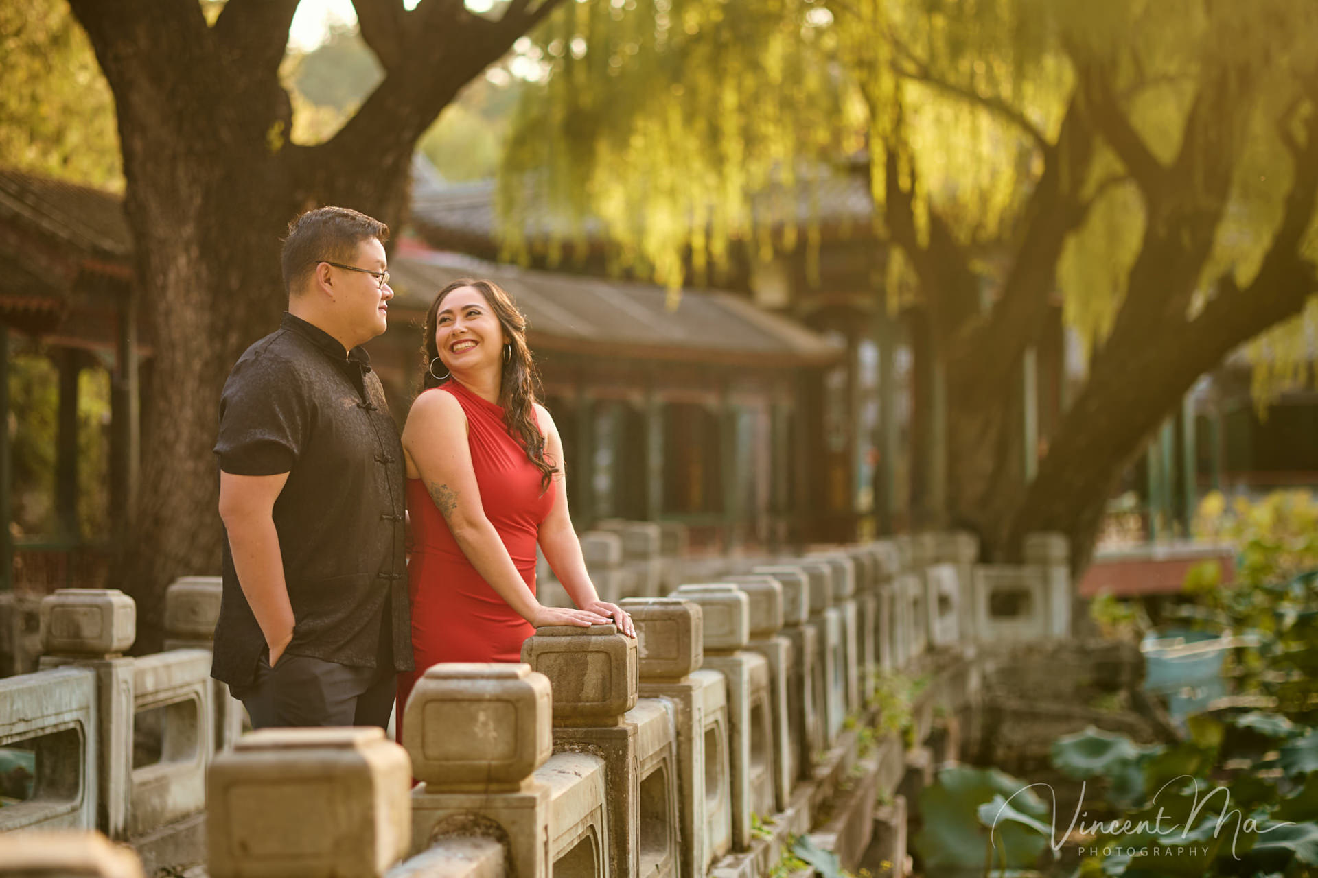 A couple looking at each other with love in summer palace.