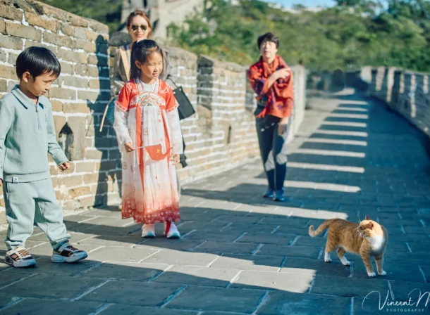 A panoramic view of the Mutianyu Great Wall during a family trip in the afternoon, showing the majestic wall winding through the mountains