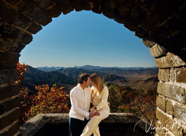 couple engagement photoshoot in Beijing with ancient wall background