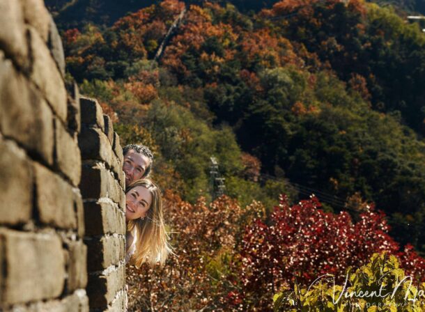 couple engagement photoshoot in Beijing with ancient wall background
