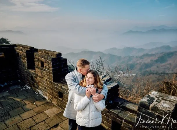 South African couple proposal at Mutianyu Great Wall Watchtower 7 in winter