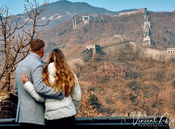 South African couple proposal at Mutianyu Great Wall Watchtower 7 in winter