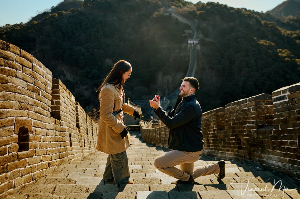 Couple celebrating Mutianyu Great Wall Proposal 2026 at Watchtower 6