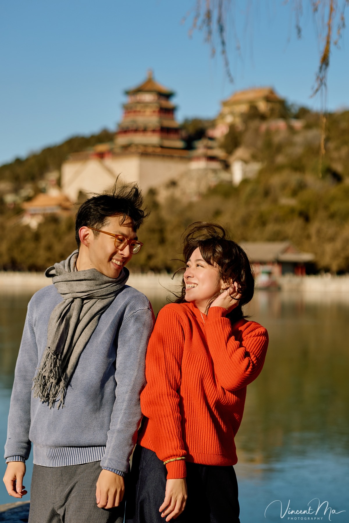 Couple engagement shooting in winter Beijing Summer palace.