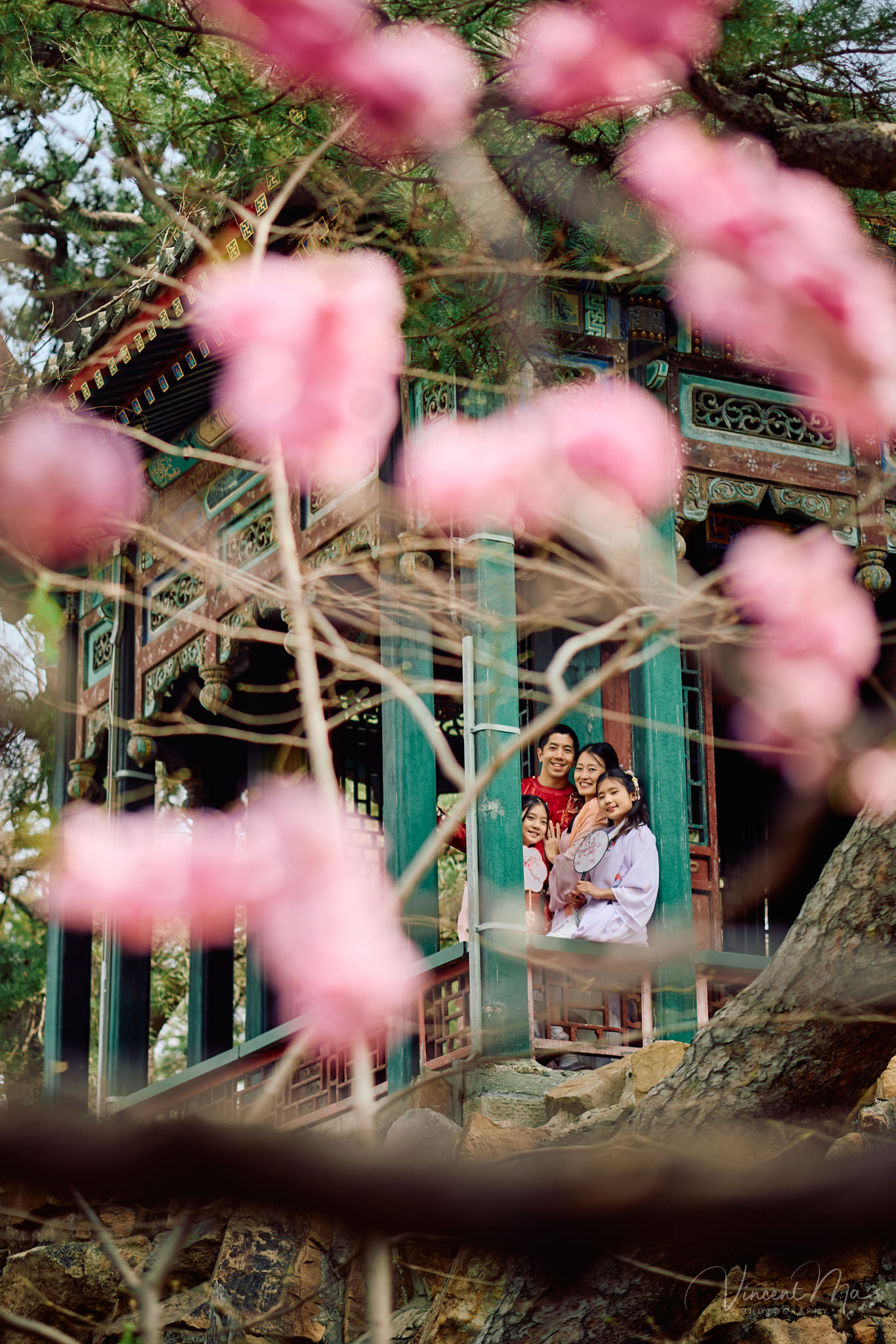 American couple in red and pink traditional Chinese clothing framed by delicate apricot blossoms during a Beijing spring photoshoot.