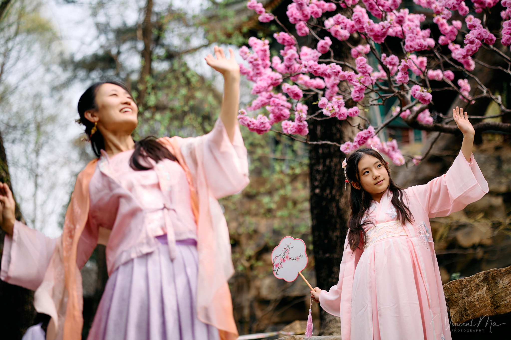 Little girl holding a traditional Chinese fan, Pink peach blossoms in Beijing spring, Family walking on ancient stone path, Vintage wooden window architecture detail