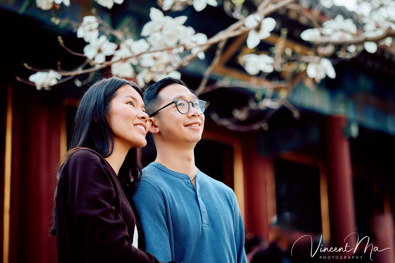 Engaged American couple walking through blooming cherry blossoms and pink mountain peaches at the Summer Palace. High-end cinematic beijing photoshoot experience.
